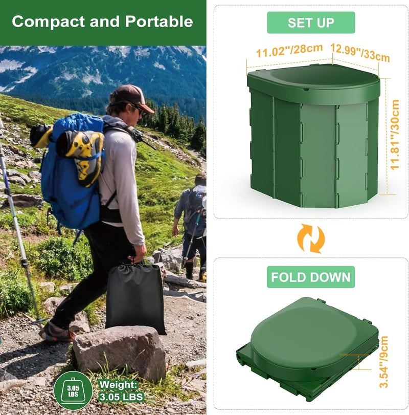 PAHTTO Portable Camping Toilet, Folding Toilet for Adults with Lid and Retractable Toilet Paper Holder, Waterproof Porta Potty with Carry Bag and Disposible Liners for Hiking, RV Travel, Road Trips, Green - Image 4